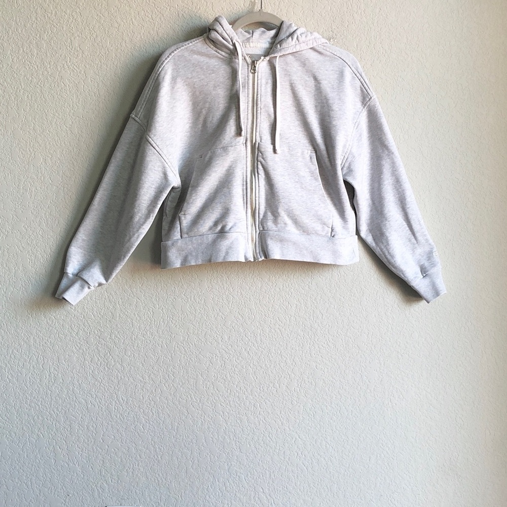 Everlane Organic Cotton Full Zip Cropped Hoodie Heathered Light Grey Gray Small